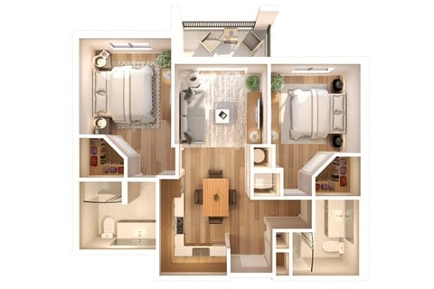 Floor plan for 2 beds, 2 baths, 882 sqft